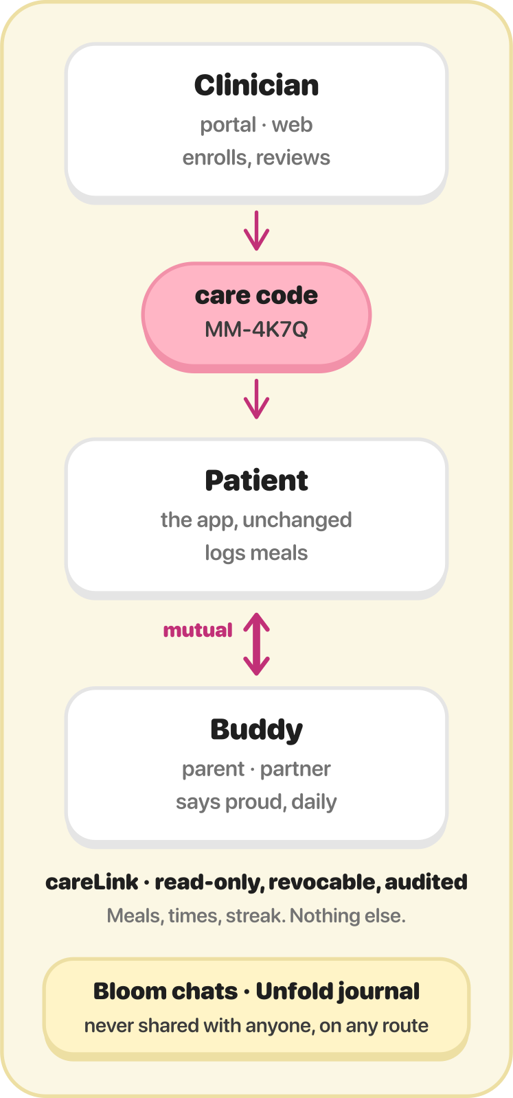 How Care connects a clinician, a patient, and a buddy. A clinician issues a care code. The patient logs meals in the app. A careLink returns meals, times, and streak to the clinician, read-only, revocable, and audited. The patient and buddy stay in a mutual Proud loop. Bloom chats and the Unfold journal are never shared.