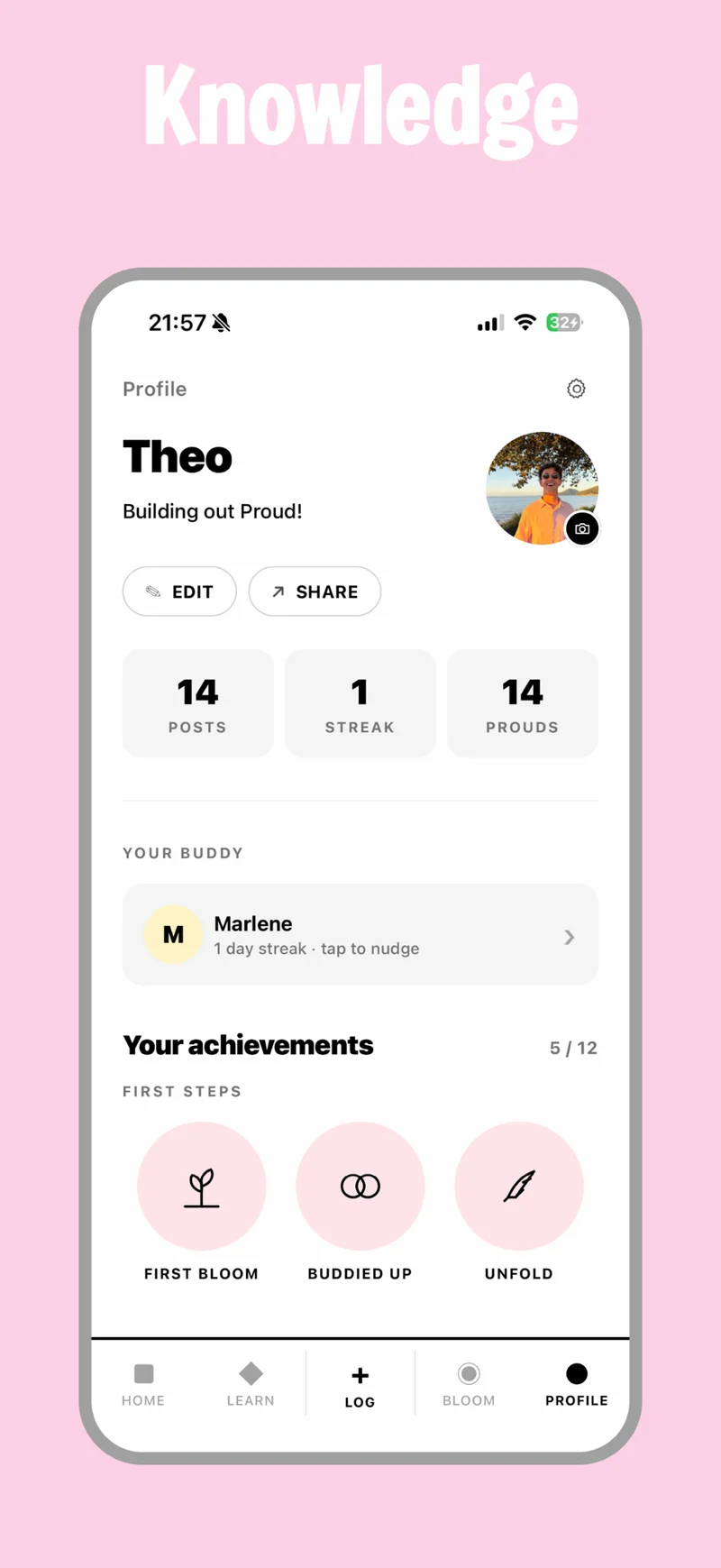 App Store screenshot of Proud: your profile with your buddy listed and your first achievements