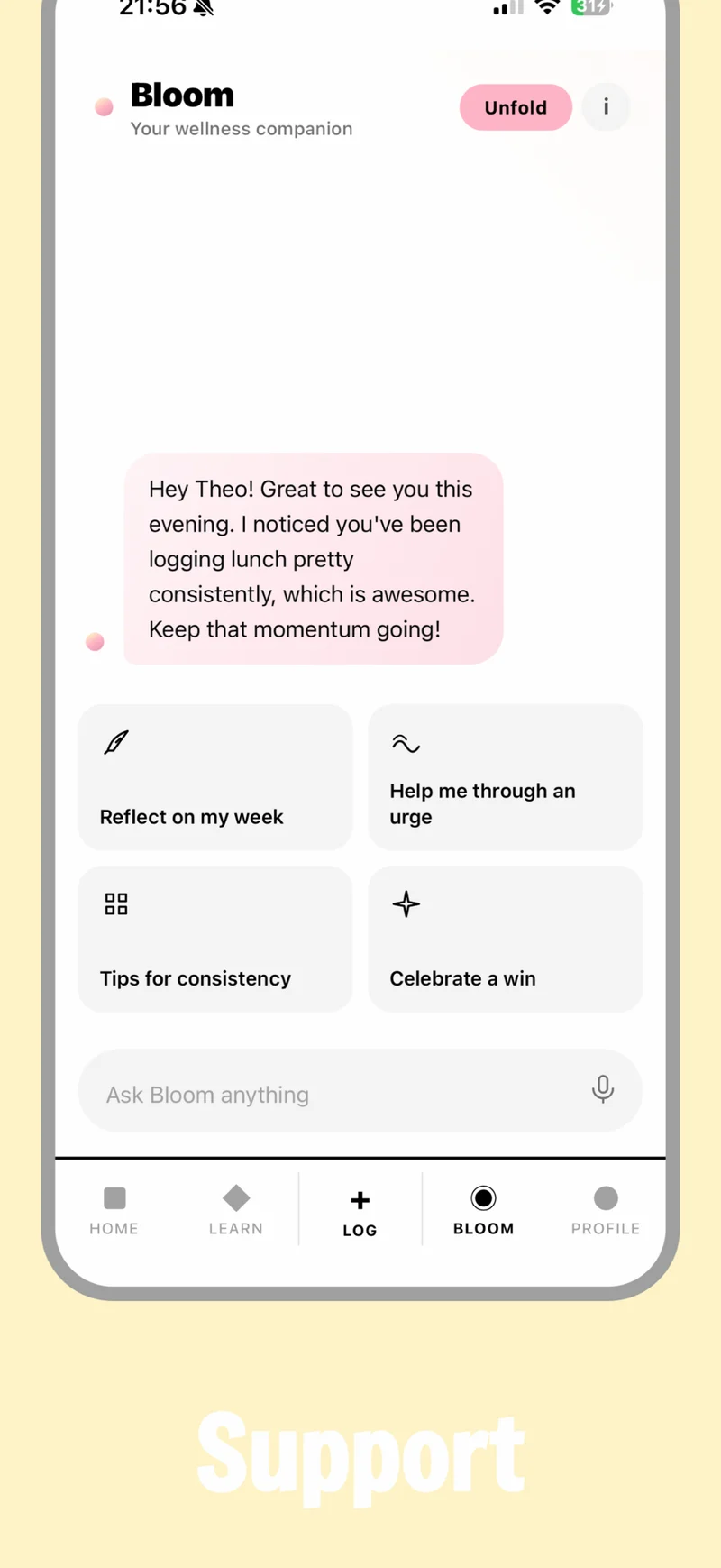 App Store screenshot of Proud: Bloom, your wellness companion, with gentle reflection prompts