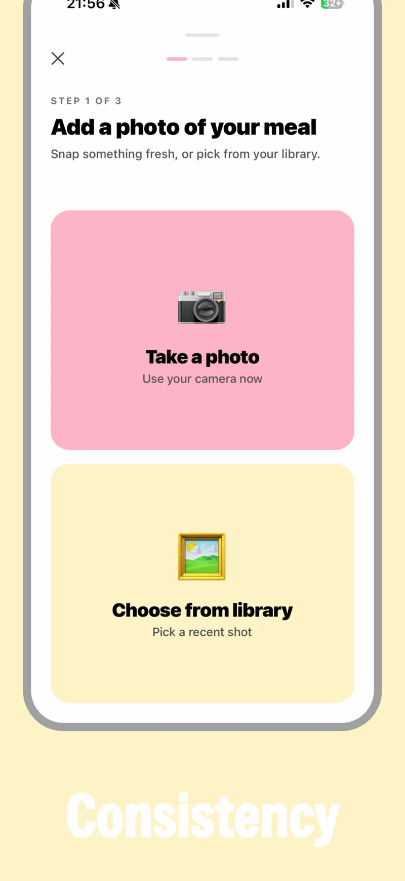 App Store screenshot of Proud: step one of logging a meal, adding a photo