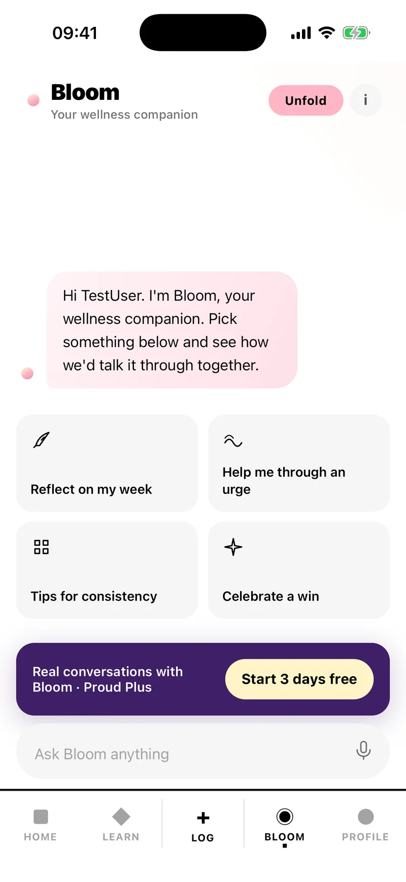 Bloom, Proud's wellness companion, greeting you with gentle reflection prompts