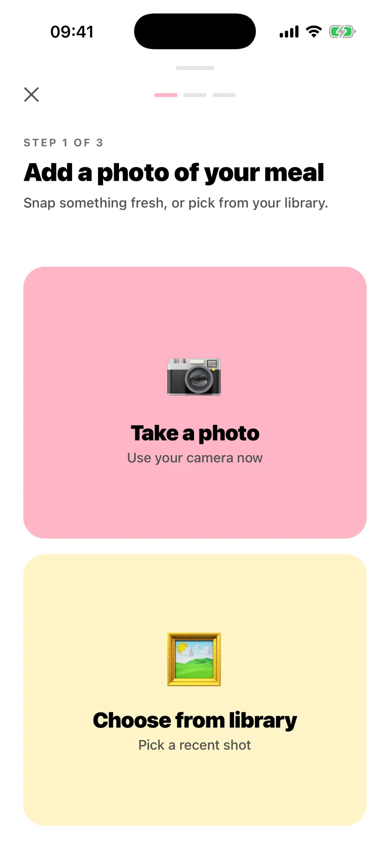 Step one of logging a meal in Proud: add a photo, taken now or chosen from your library